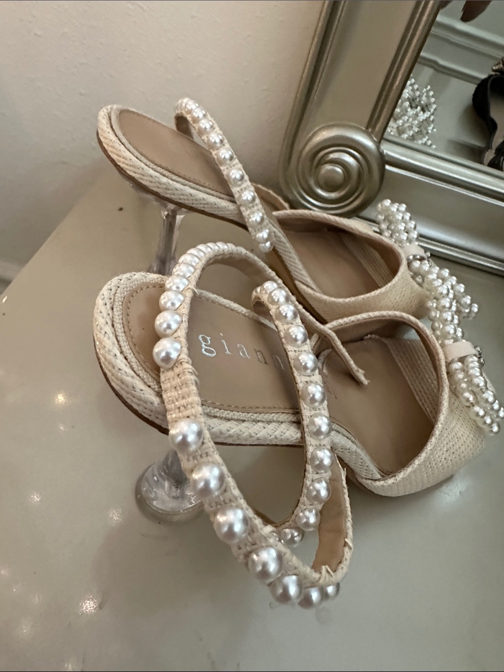 Gianni Bini Cream Pearl-Embellished Bow Heels - Picture 4 of 5